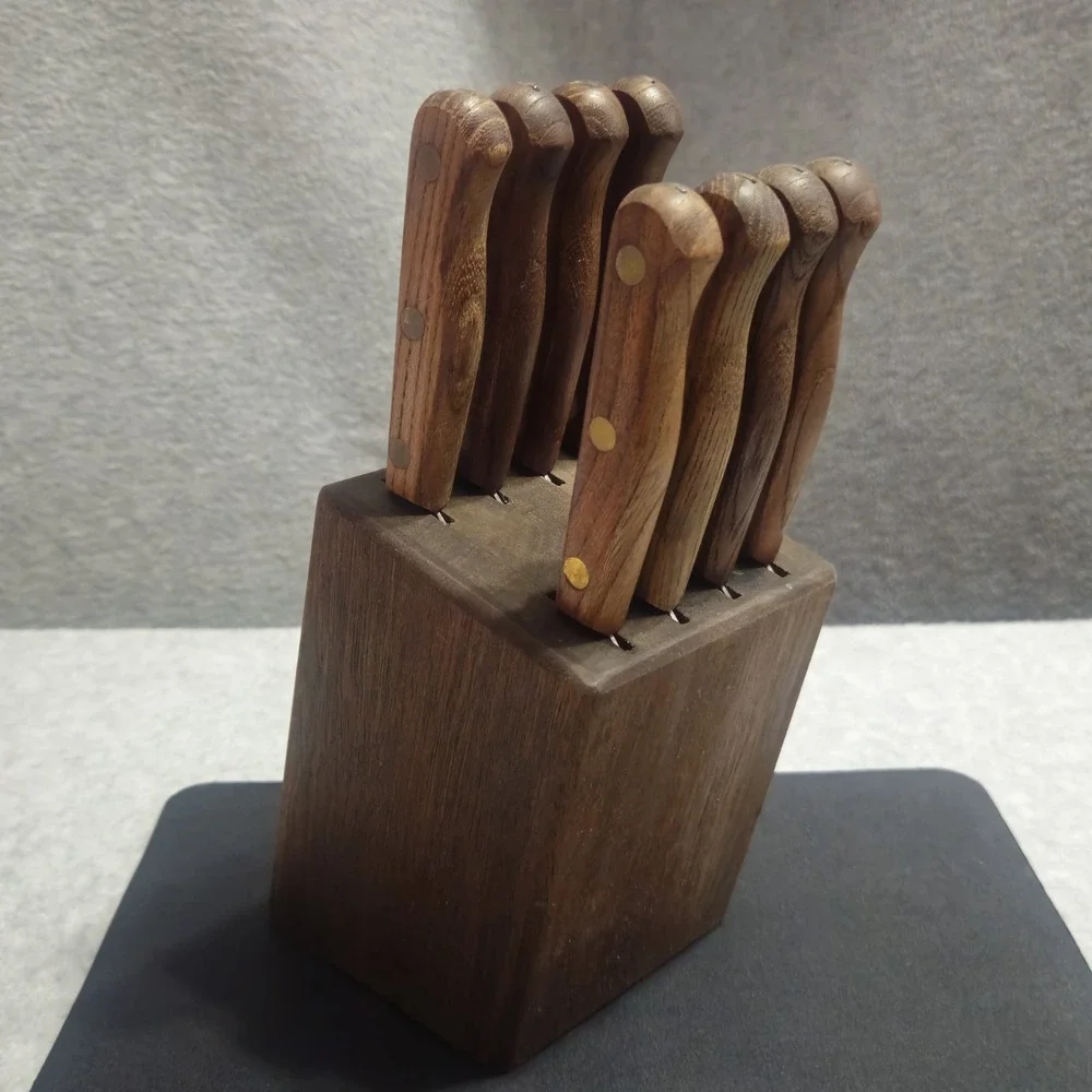 Old Homestead Steak Knife Set 8pc Wood Handles Block Stainless Japan Vintage